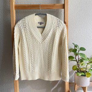JCREW Cream Cotton cable-knit V-neck pullover